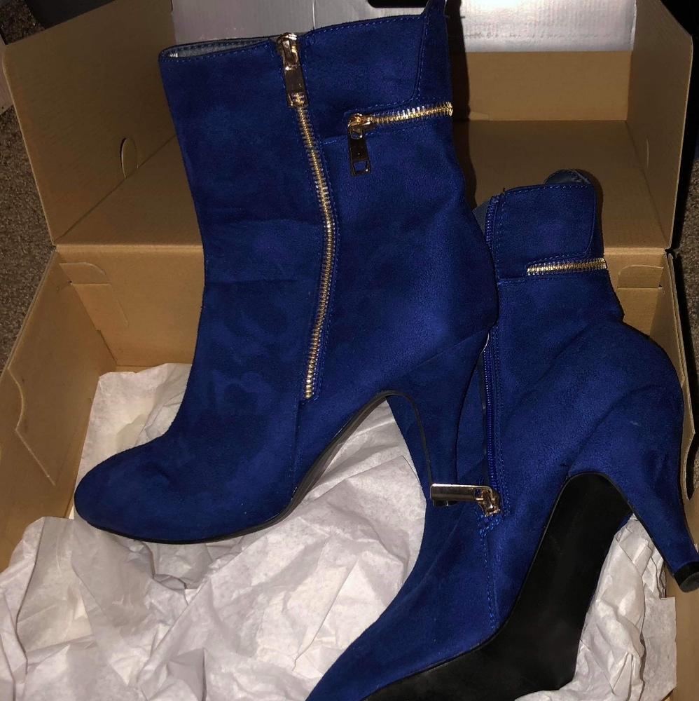 Royal blue faux suede booties